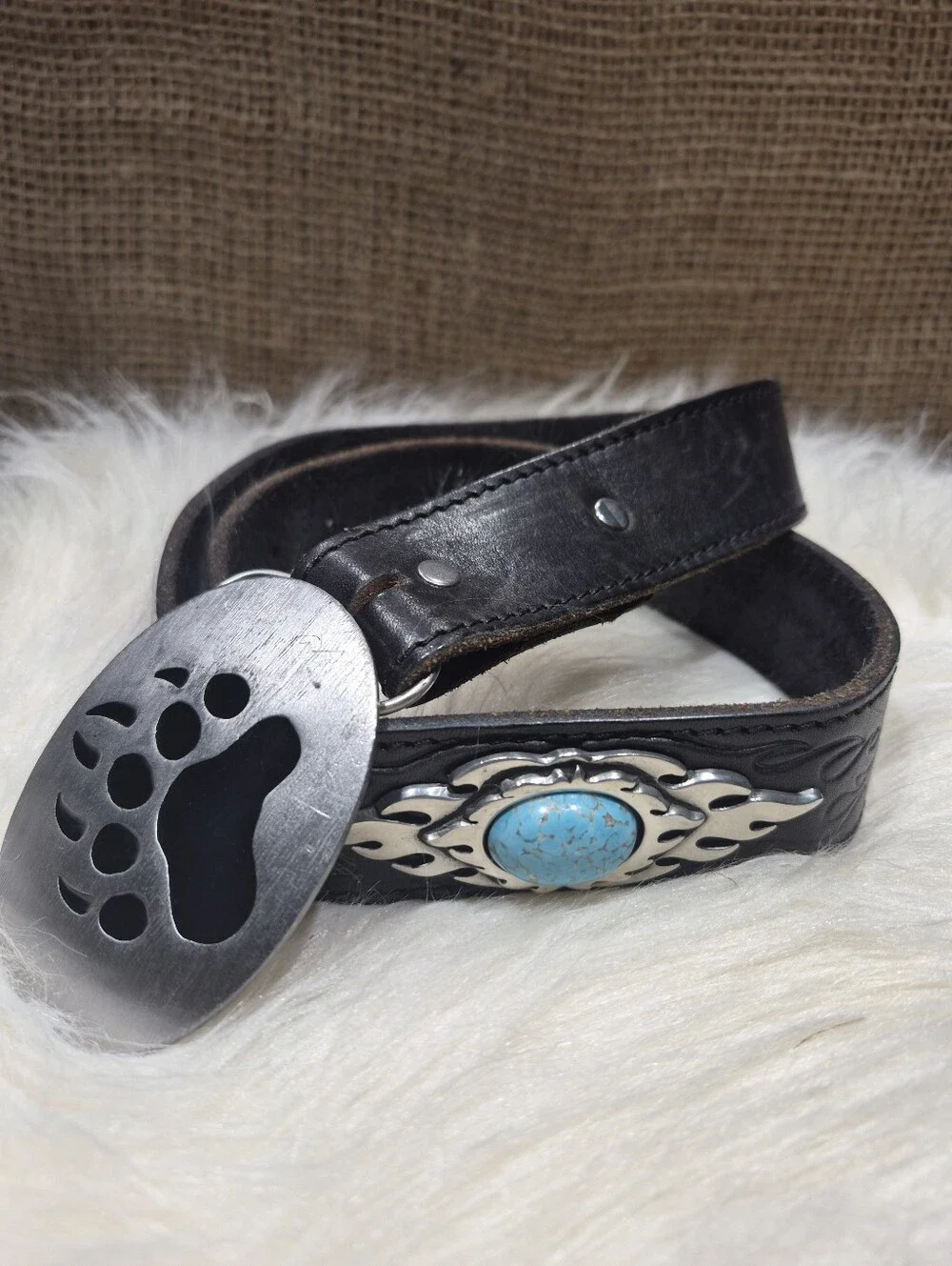 Siskiyou Vtg Pewter Belt Buckle with Genuine Cowhide Turqoise Belt 32